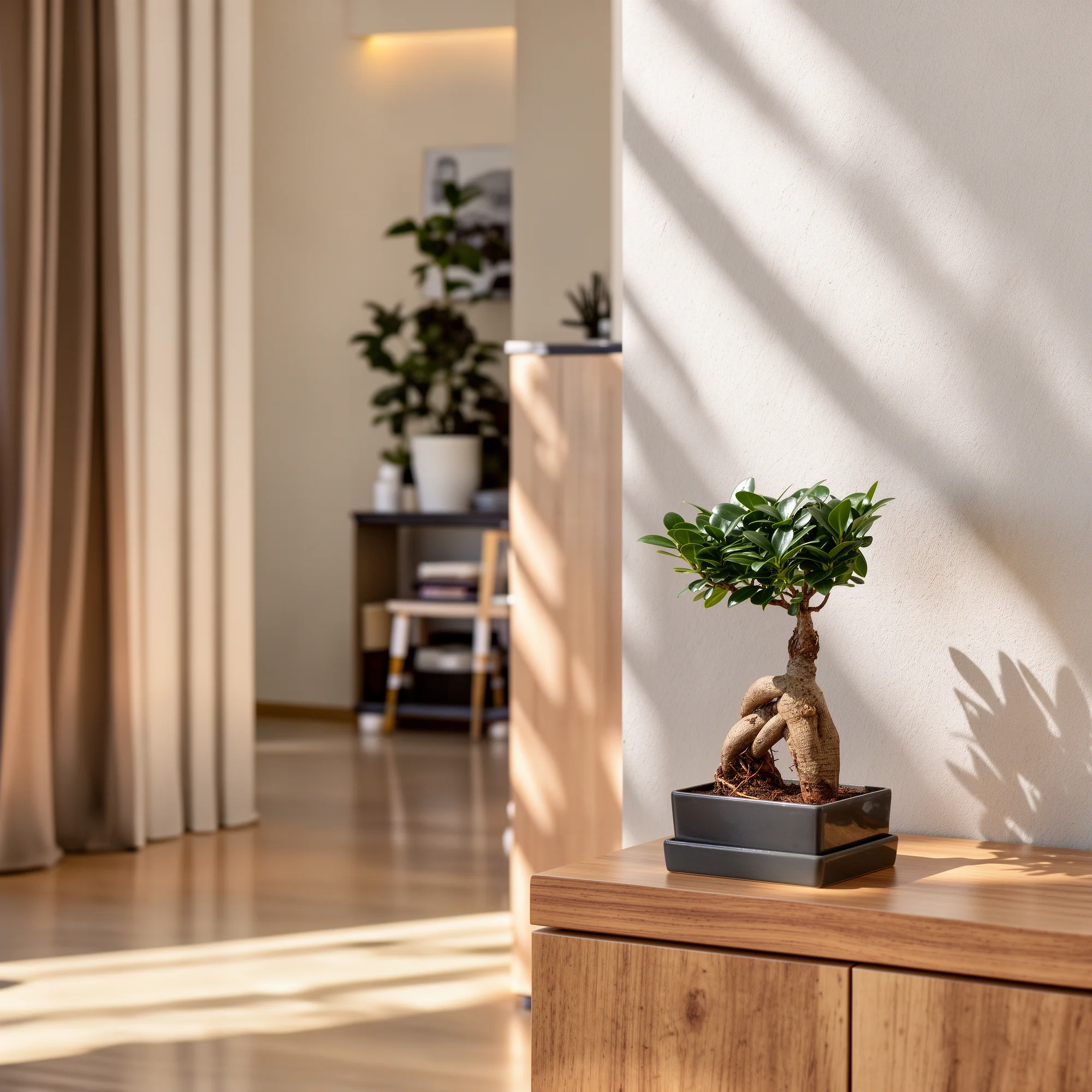 Ginseng-Bonsai im Keramikübertopf mit Wasserspeicher - Image 3