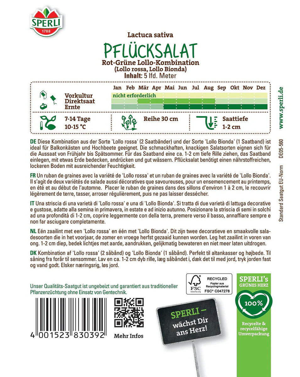 SPERLI Pflücksalat-Samen Rot-Grüne Lollo-Kombination, Saatband - Image 2